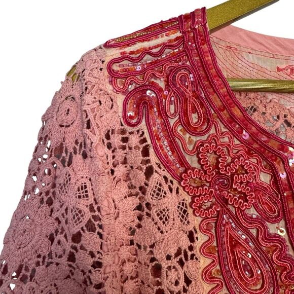 Calypso St. Barth Floral Crochet Tunic Top Size S Embroidered Sequins Tasseled - Picture 5 of 16